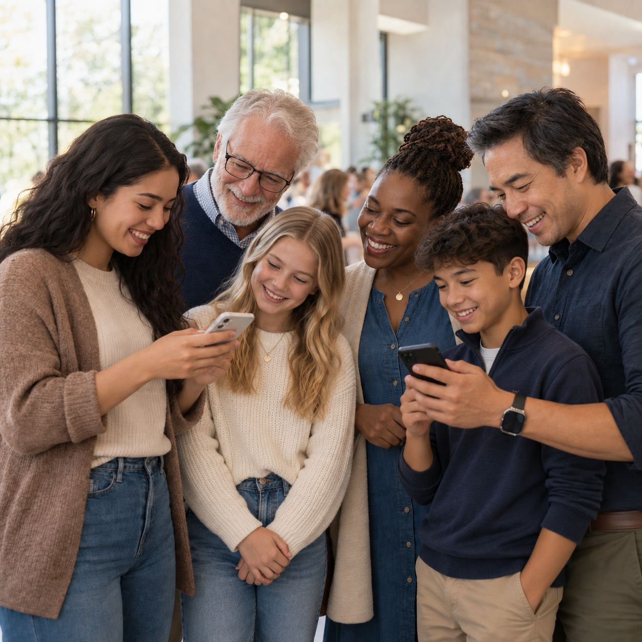 A church family smiling together while using the MyChurche app on their phones
