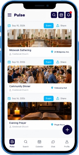mobile screen with church event list