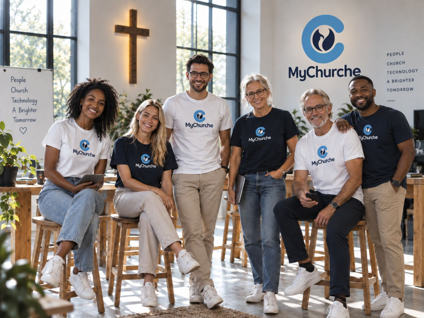 The MyChurche team together in a bright church community space