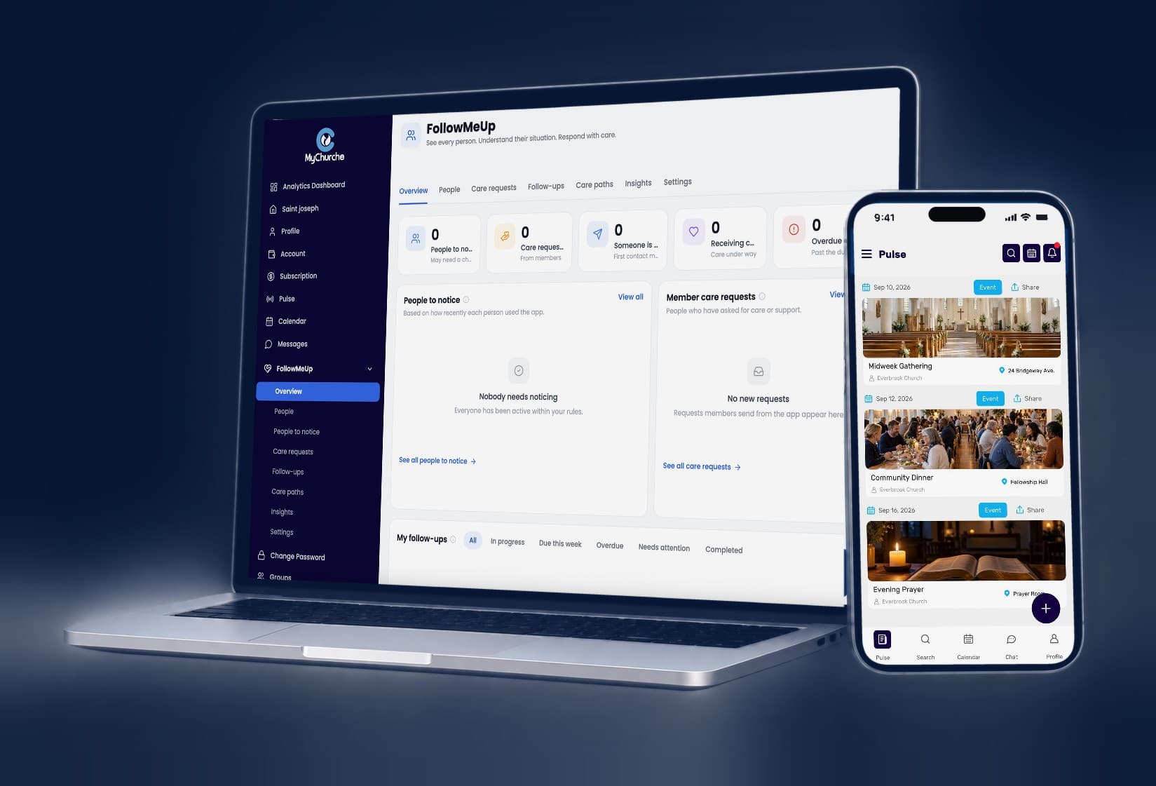 The MyChurche platform on a laptop beside the MyChurche app on a phone