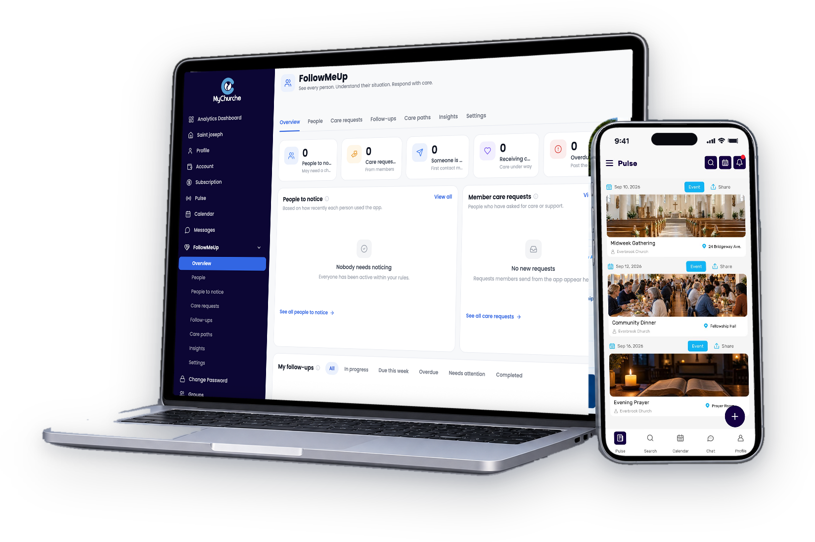 The MyChurche platform on a laptop beside the MyChurche app on a phone
